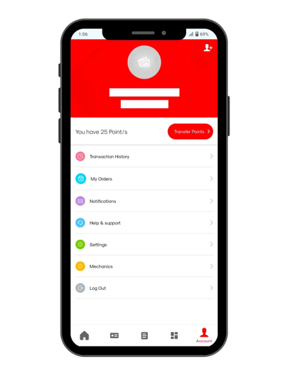 A screenshot of customer app under account icon.