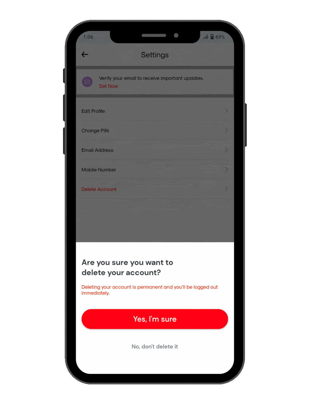 A screenshot from customer app showing the confirmation to delete the account.