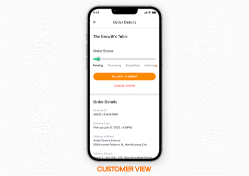 Customer App experience where a customer follows up an order by clicking on the Follow Up Order button, which then greys out which indicates the request is being sent to your brand.