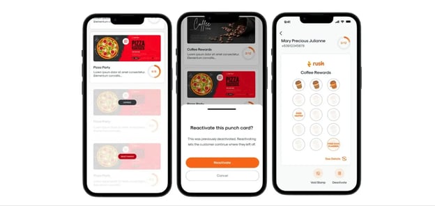 RUSH MMA step-by-step visual guide to reactivate a customer's punch card campaign, going to the My Rush Campaigns menu, tapping on the deactivated campaign, and tapping Reactivate to confirm.