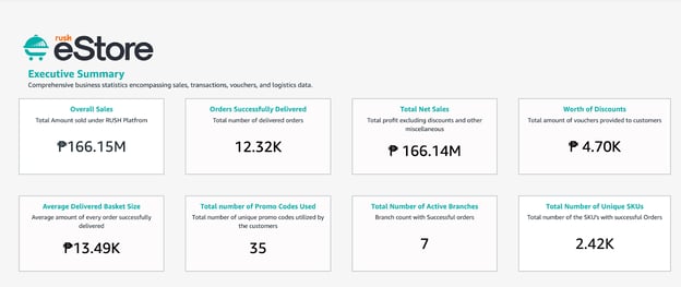 RUSH eStore Analytics Executive Summary tab, where you get an overview of your business performance - sales, promotions, logistics, and more - in a simple tiled format.
