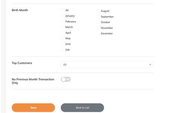 RUSH CMS Customers module's Target Segment settings, where you can set if a new target segment should include a portion of your top customers, or inactive ones before clicking on the Save button.