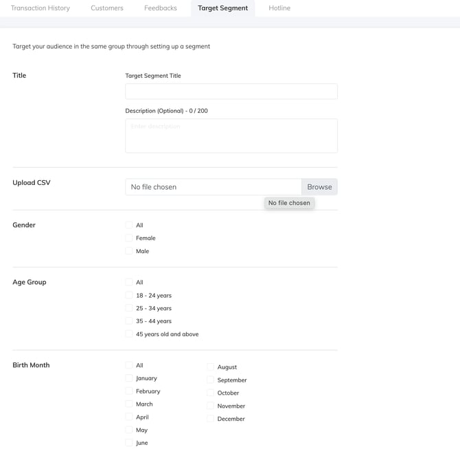 RUSH CMS Customers module's Target Segment settings, where you can set a new target segment's title, description, gender, age group, and birth month - or upload a list of specific customers' details.