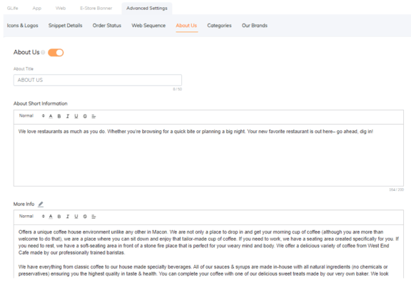 RUSH CMS Design module's Advanced Settings, then About Us options where you can set your page title and company information in short and long versions for your customers' reference.