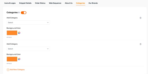 RUSH CMS Design module's Advanced Settings, then Categories options where you can prepare multiple product or service categories, their descriptions, and visual elements like their background colors.