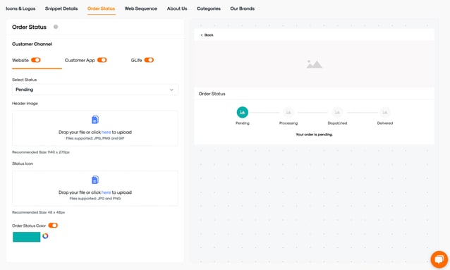 RUSH CMS Design module's Advanced Settings, then Order Status options where you can set your store's order updates page look to match your branding.