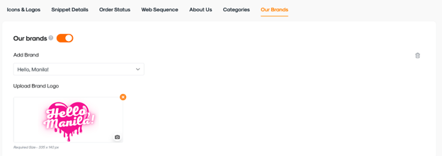 RUSH CMS Design module's Advanced Settings, then Our Brands options where you can build your catalog of available brands, setting their individual names and logos.