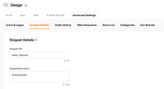 RUSH CMS Design module's Advanced Settings, then Snippet Details options where you can set your homepage's title tag and meta description in order to personalize your website's appearance in search engine results.