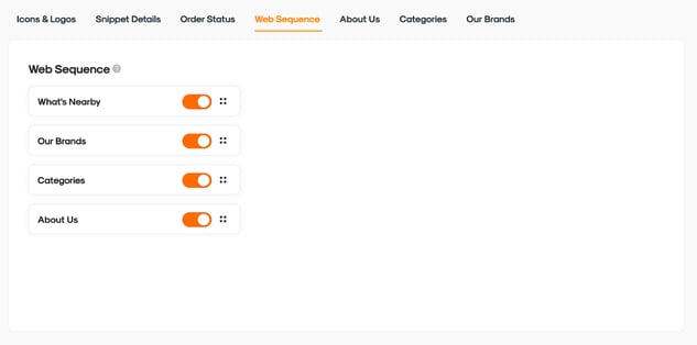 RUSH CMS Design module's Advanced Settings, then Web Sequence options where you can set the order that the various content components - What's Nearby, Our Brands, , Categories, etc. - appear on your website.