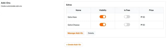 RUSH CMS Products module, where when you create a new product individually, the Add-ons for that product can have their visibility toggled on and off.