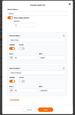 RUSH CMS Products module, where when you create a new product individually, you can also create Add-ons for that product - setting their individual options, prices, and SKUs.