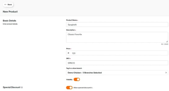 RUSH CMS Products module, where you can create products individually, starting with setting basic details such as its name, description, value, SKU value, what branch it's available at, visibility, and the applicability of special discounts.