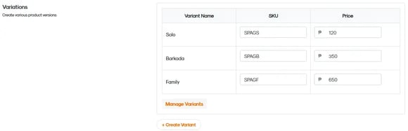 RUSH CMS Products module, where when you create a new product individually, you can create Variations of the product - like solo, medium, large, and more settings of your choosing.