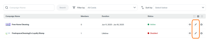 RUSH CMS Punch Card module's Campaign tab, where you can edit a campaign by clicking on the Pencil icon and change specific settings whether or not customers have already joined the campaign.