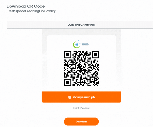RUSH CMS Punch Card module, where you can access their QR Code Preview which contains your downloadable QR code that can be displayed to customers in-store displays, digital channels, email blasts, and more.