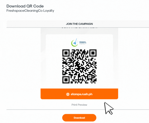 RUSH CMS Punch Card module, where you can access their QR Code Preview which contains the campaign links that you can share on messaging apps, your website, or online store.