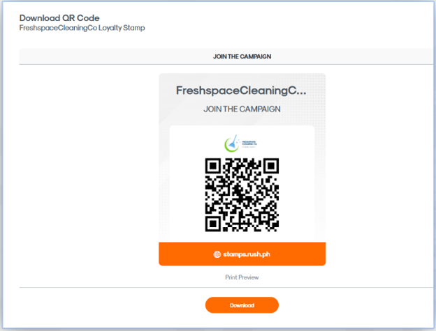 RUSH CMS Punch Card module, where you can access their QR Code Preview which contains your downloadable QR code complete with your brand logo, Punch Card QR code, and links.