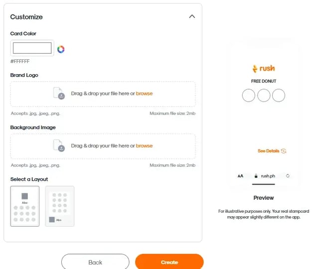 RUSH CMS Punch Card module then new campaign creation, featuring the Design section where you can determine Customization settings like card color, brand logo, background image, and card layout.