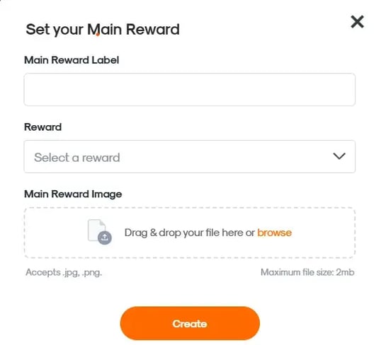 RUSH CMS Punch Card module then new campaign creation, featuring the Design section where you can determine Rewards settings like the main prize and its design.