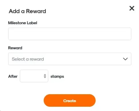 RUSH CMS Punch Card module then new campaign creation, featuring the Design section where you can determine Rewards settings like milestone prizes, what stamp they're assigned to, and their designs.