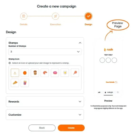 RUSH CMS Punch Card module then new campaign creation, featuring the Design section where you can determine Stamps settings like their total count, and stamp icon or design.