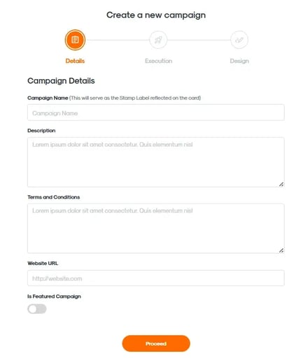 RUSH CMS Punch Card module then new campaign creation, featuring the Details section where you can input the campaign name, description, and terms and conditions.