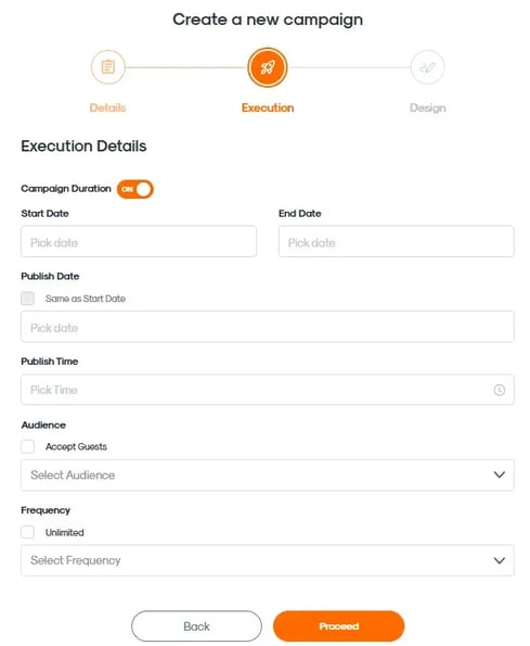 RUSH CMS Punch Card module then new campaign creation, featuring the Execution Details section where you can determine the campaign duration, publishing schedule, audience, and frequency that customers can join.