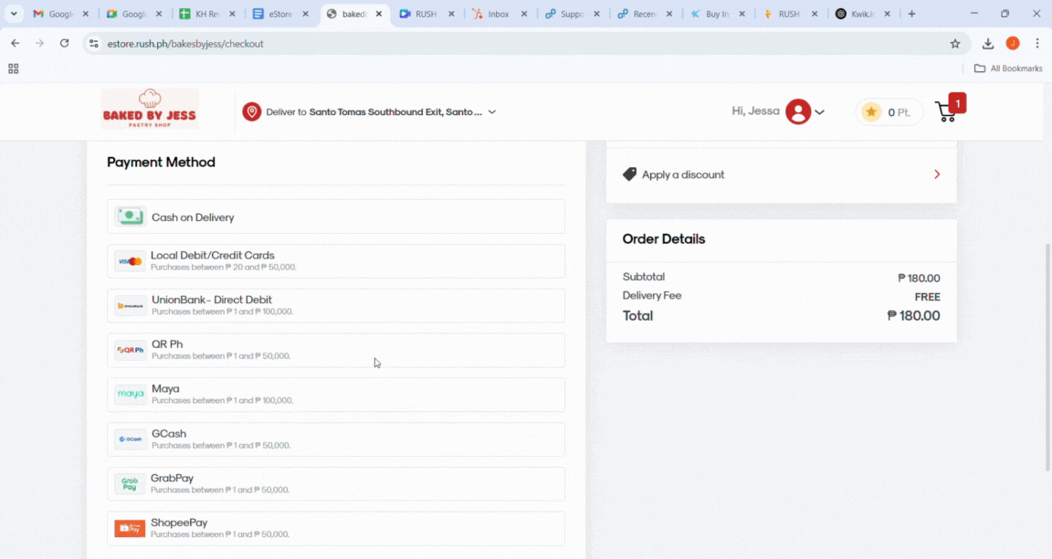 RUSH Customer Website Checkout page, showing the process of payment via GCash.