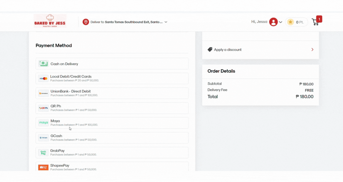 RUSH Customer Website Checkout page, showing the process of payment via Maya.