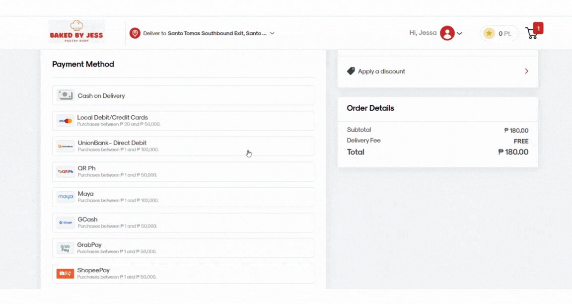 RUSH Customer Website Checkout page, showing the process of payment via Union Bank’s Direct Debit option.