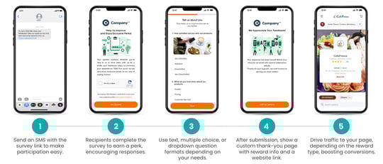 A step-by-step guide of how Audience Connect starts with a targeted SMS, then walks the viewer through the survey until completion.
